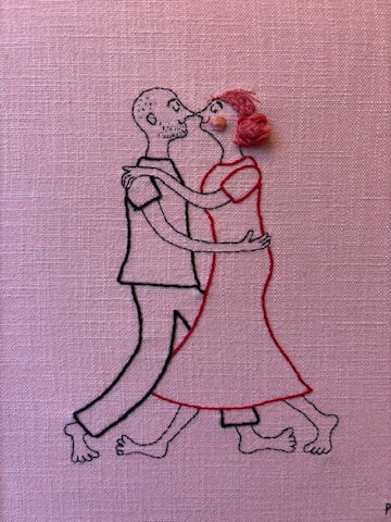 A4 framed Embroidery - Pardans lyserød baggrund