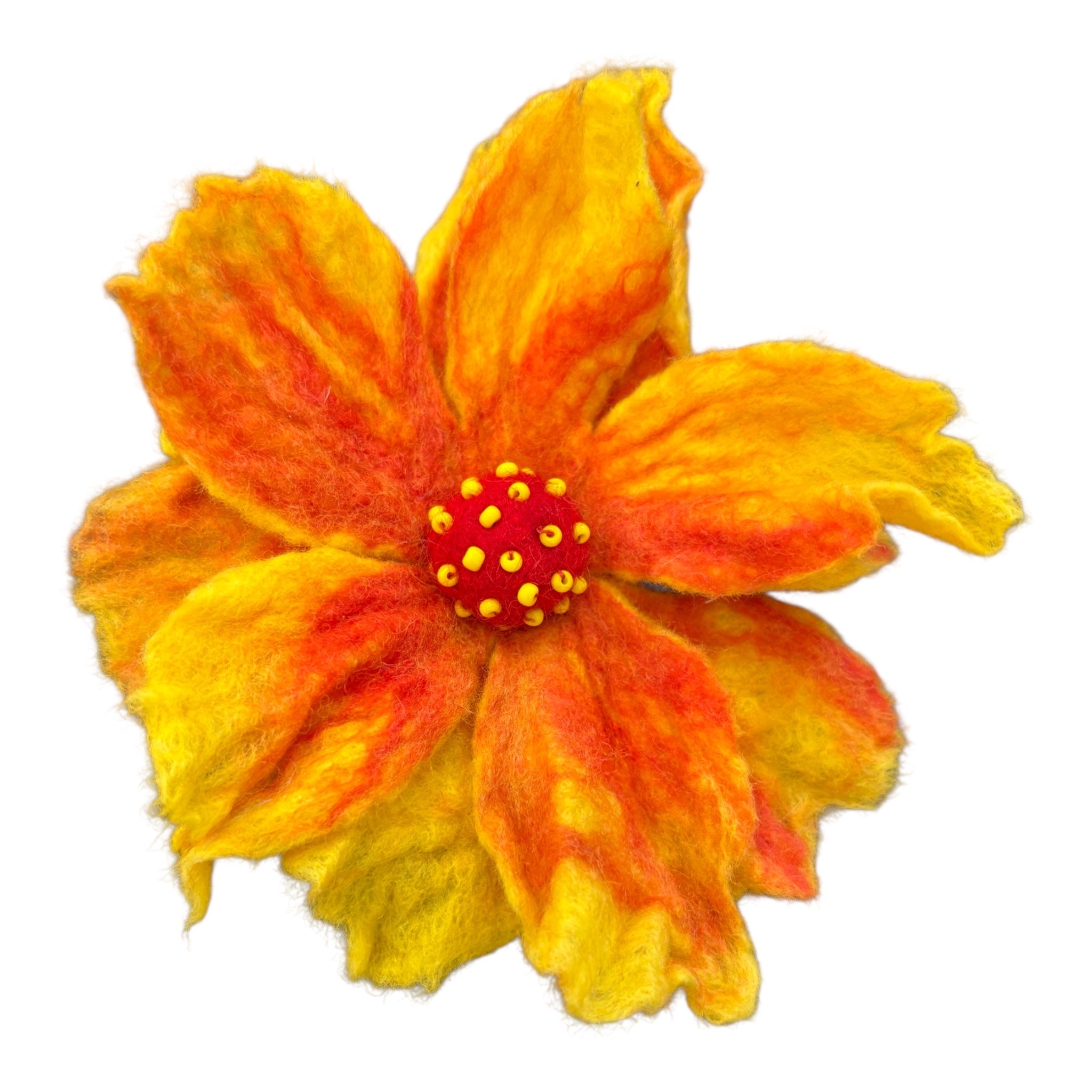 Unika broche filtet gul/rød blomst