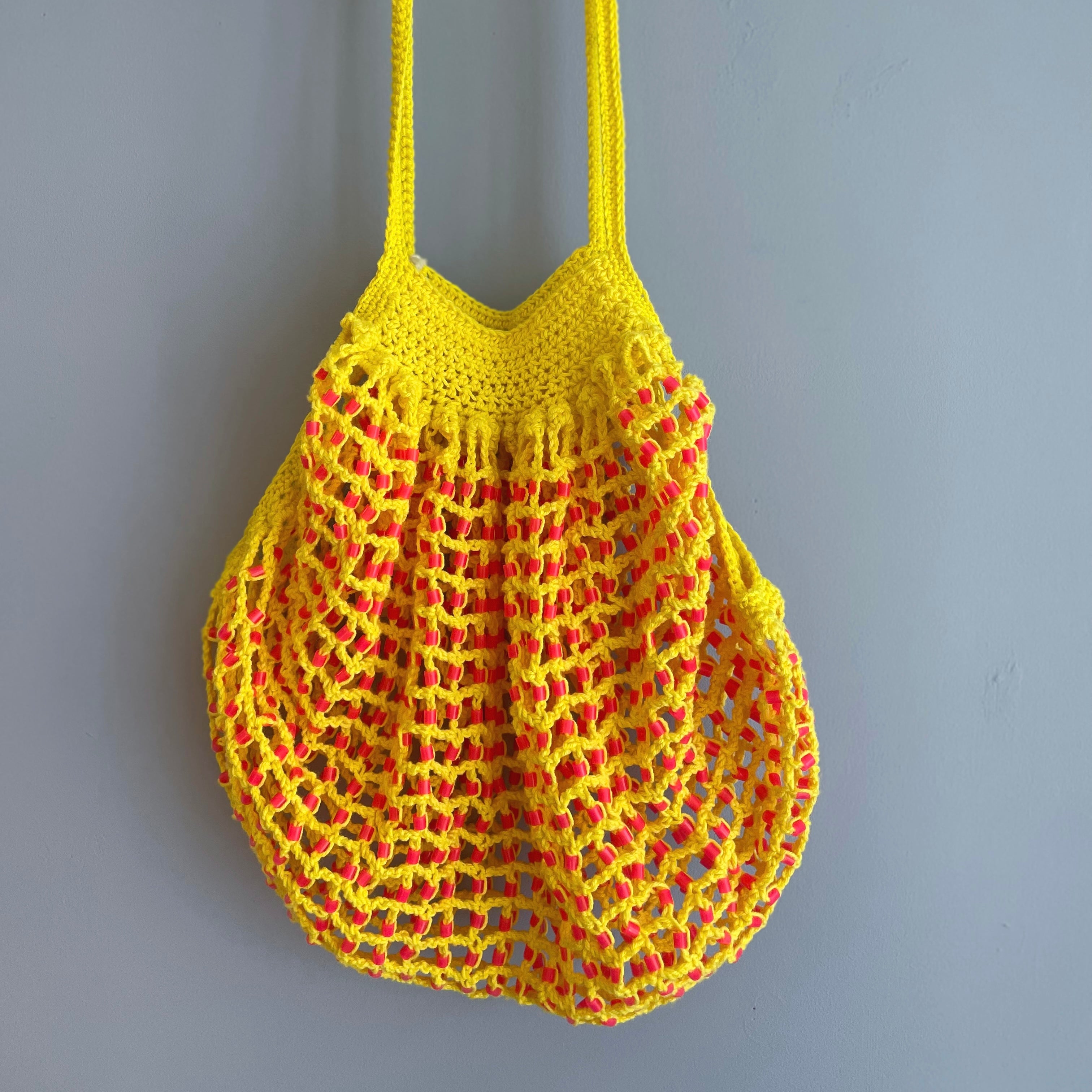 Yellow tote bag with pink beads