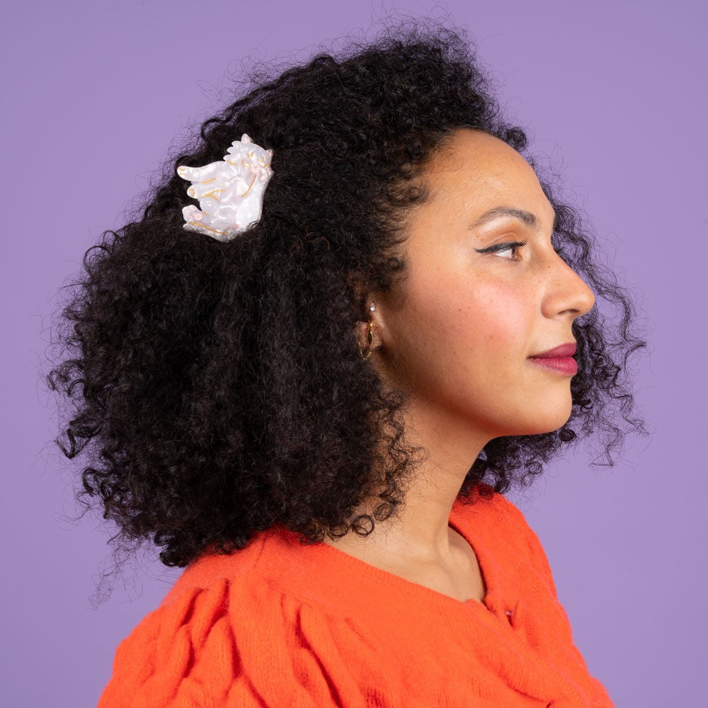 Hvid kat slikker pote, hårklemme