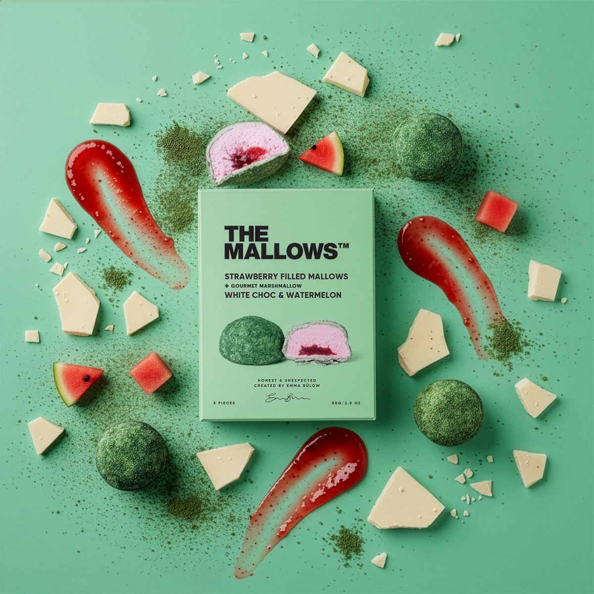 The Mallows Box - Strawberry filled with belgian chocolate and watermelon. 5 stk