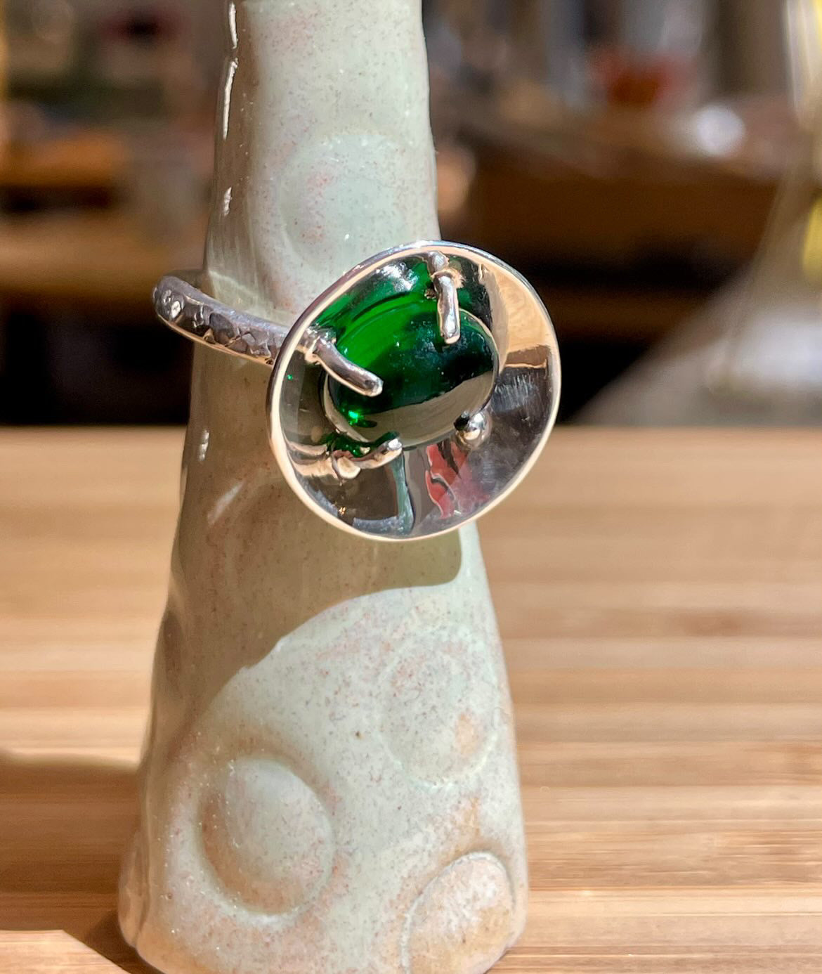 Sølvring m. Grøn agat (str. 54,5)