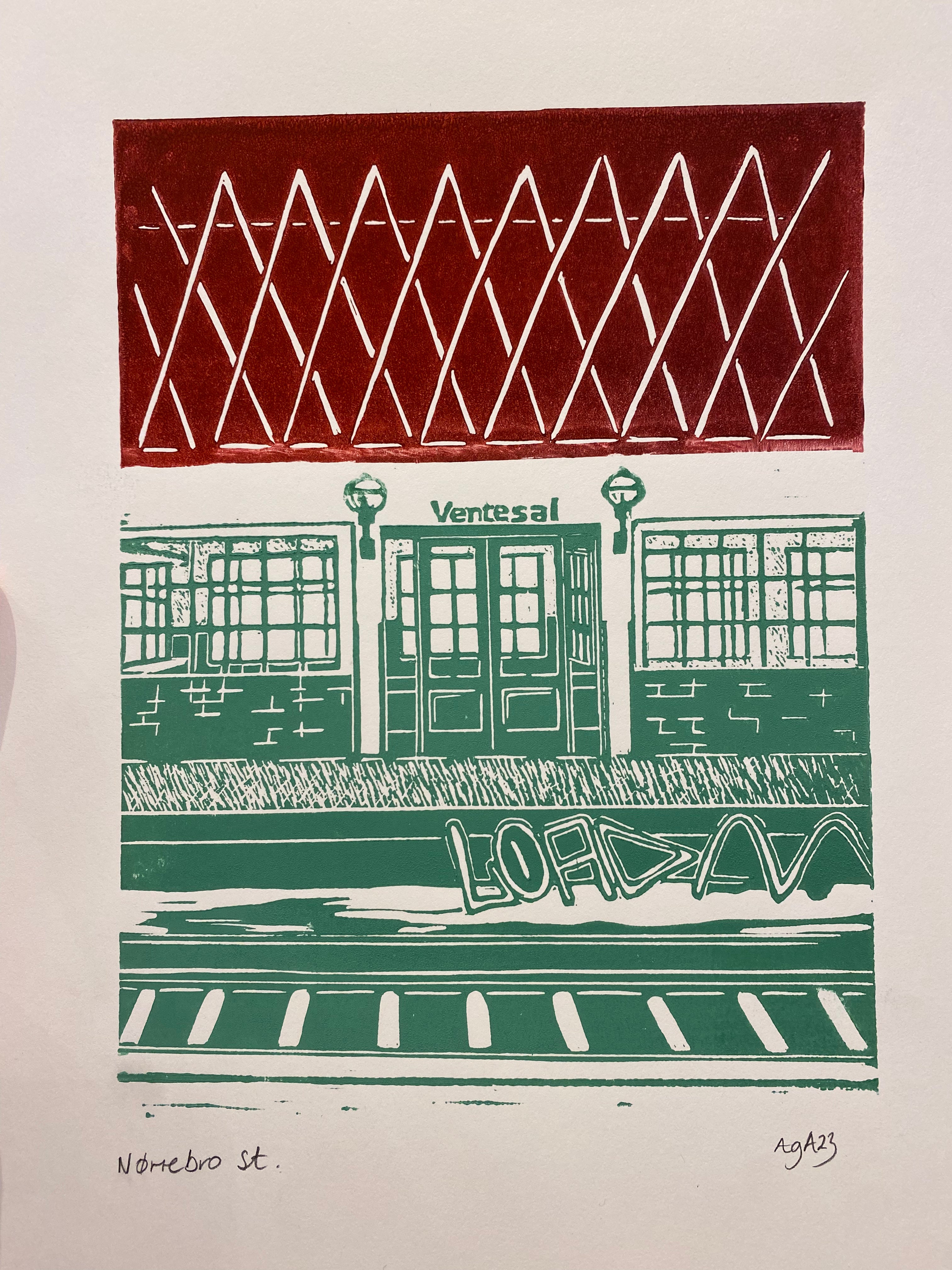 Nørrebro st. linoleumstryk A4 grøn/rød