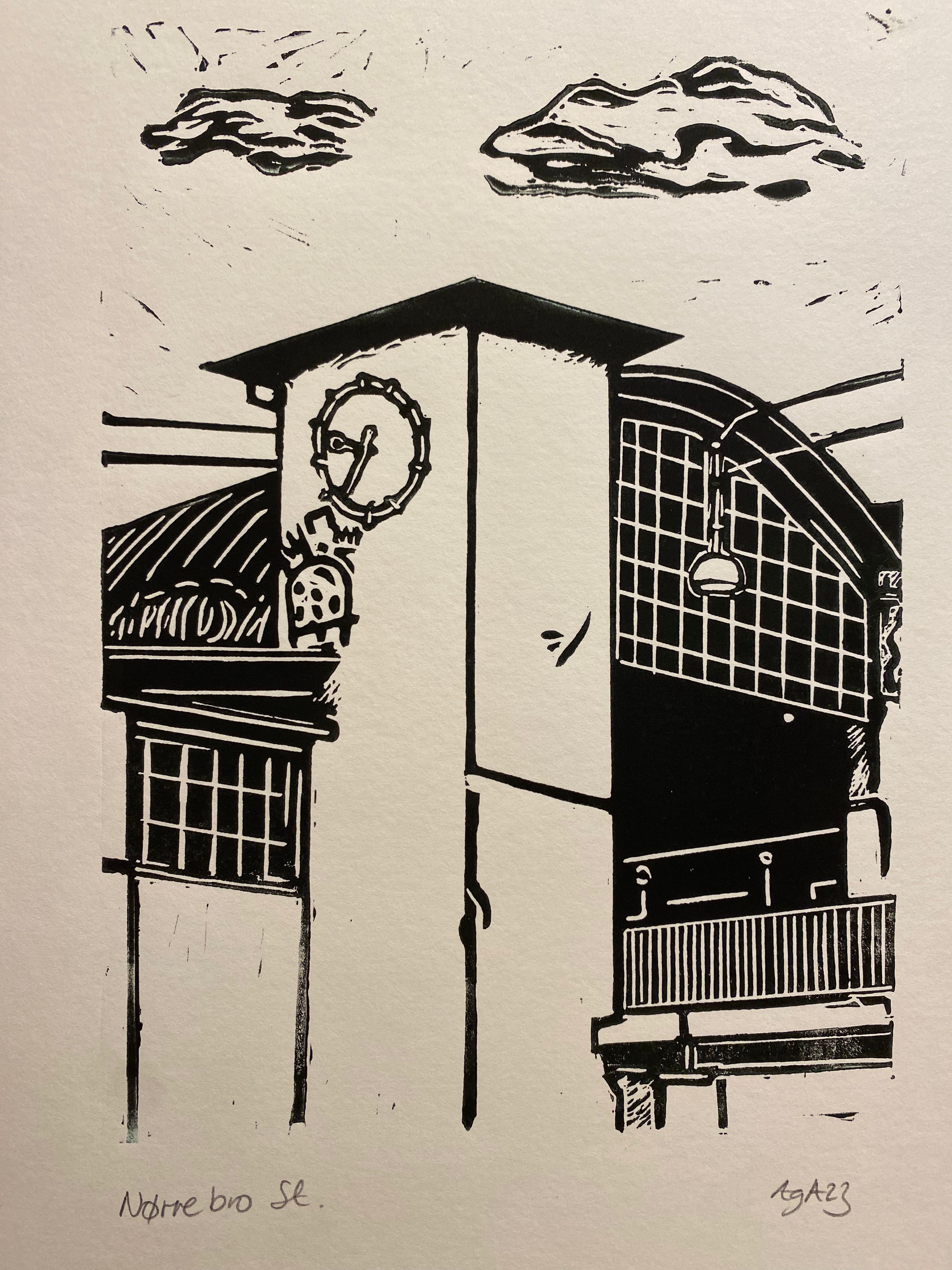 Nørrebro station linoleumstryk A4 sort (indrammet)