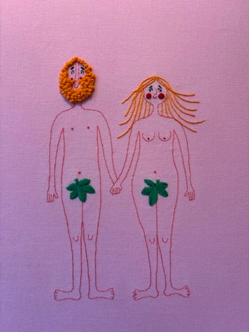 A3 framed Embroidery - Eva & Adam - lyserød baggrund