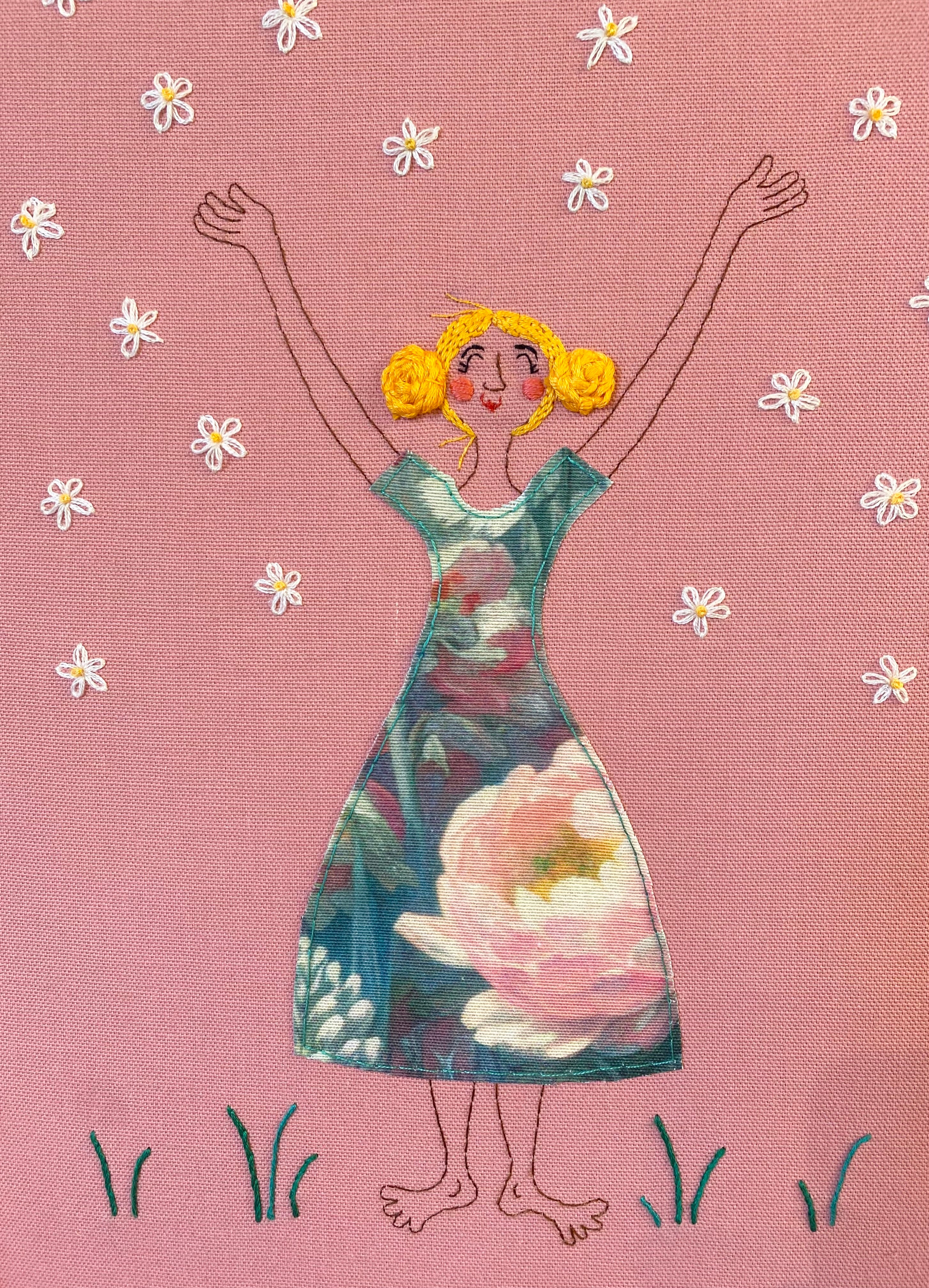 A3 framed Embroidery - Blomsterpige lyserød baggrund