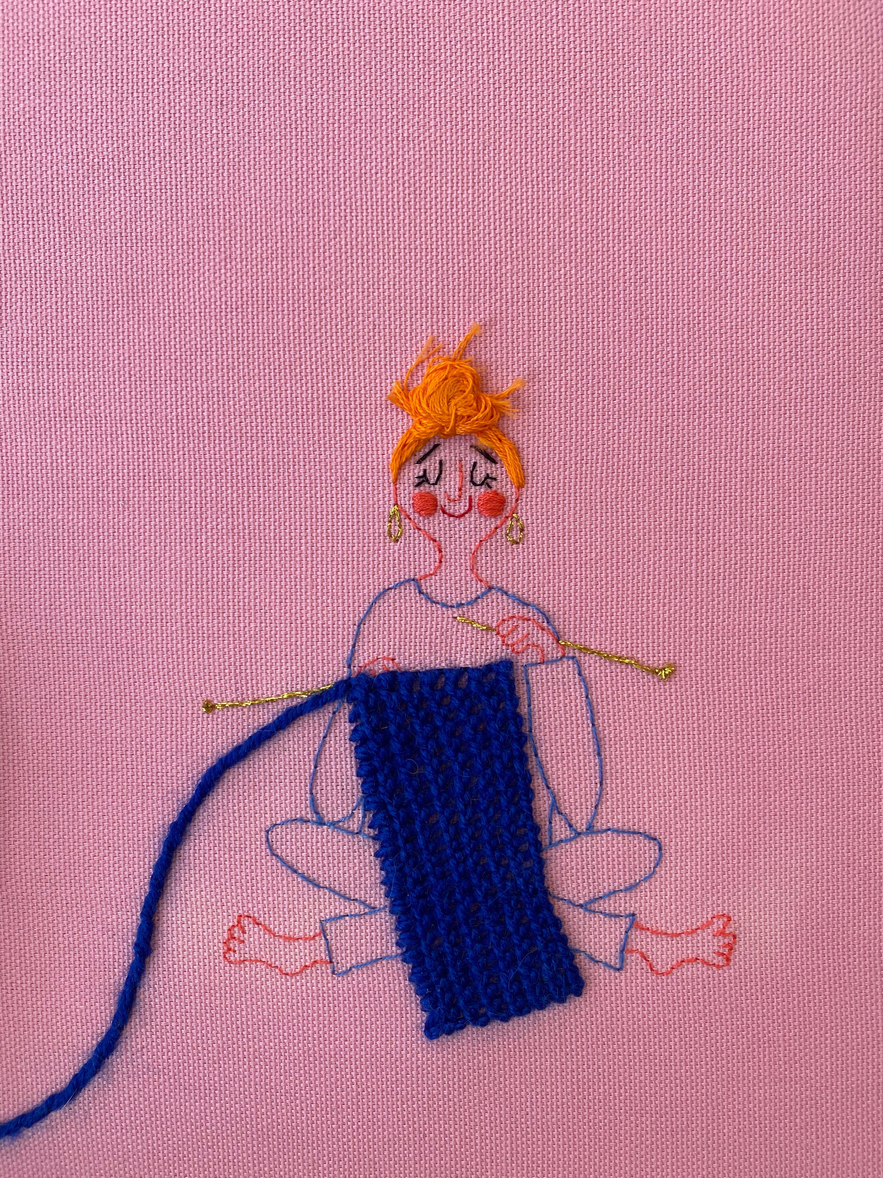 A4 framed Embroidery - Strikker kobalt blå tørklæde