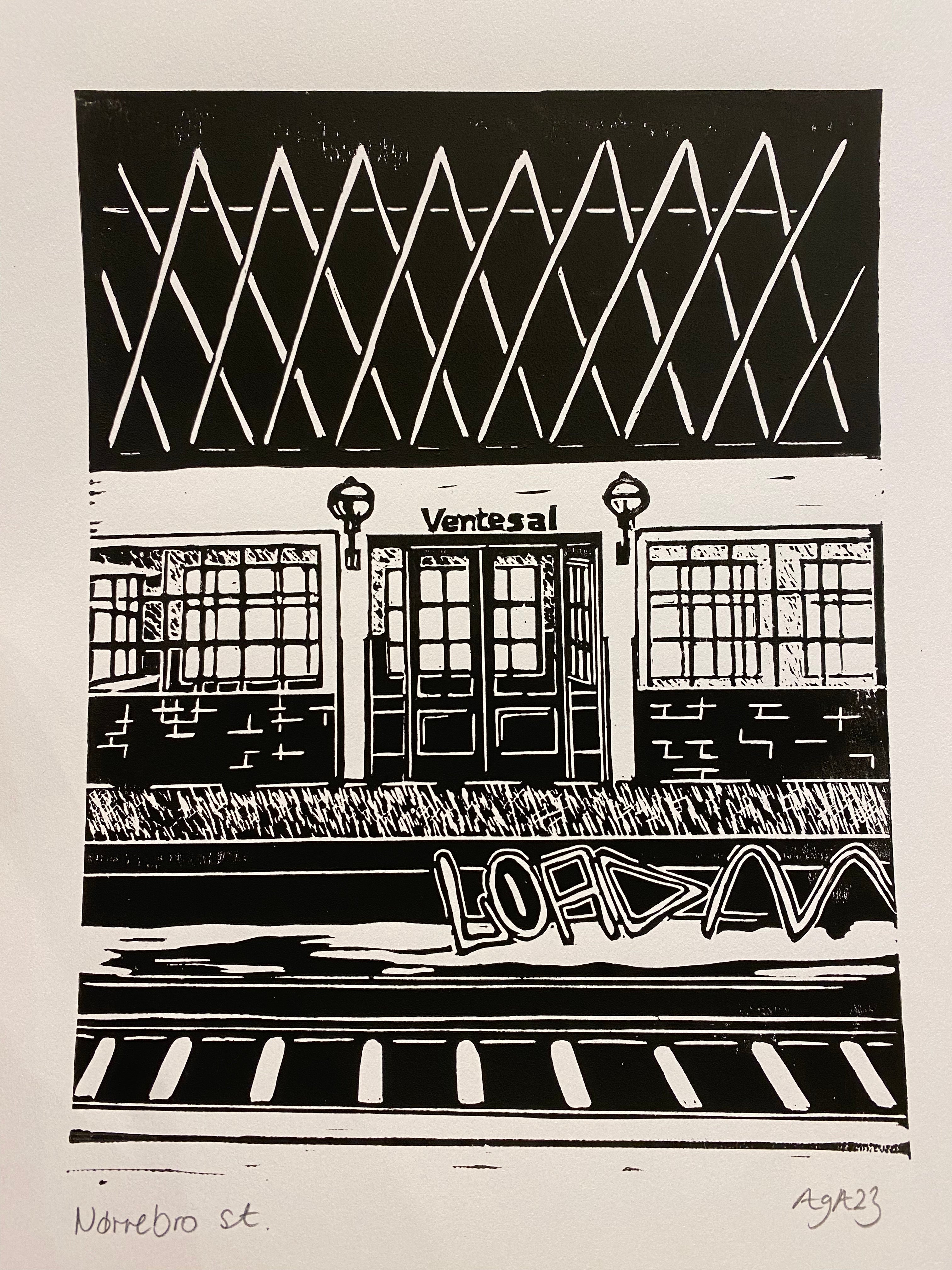 Nørrebro st. linoleumstryk A4 sort