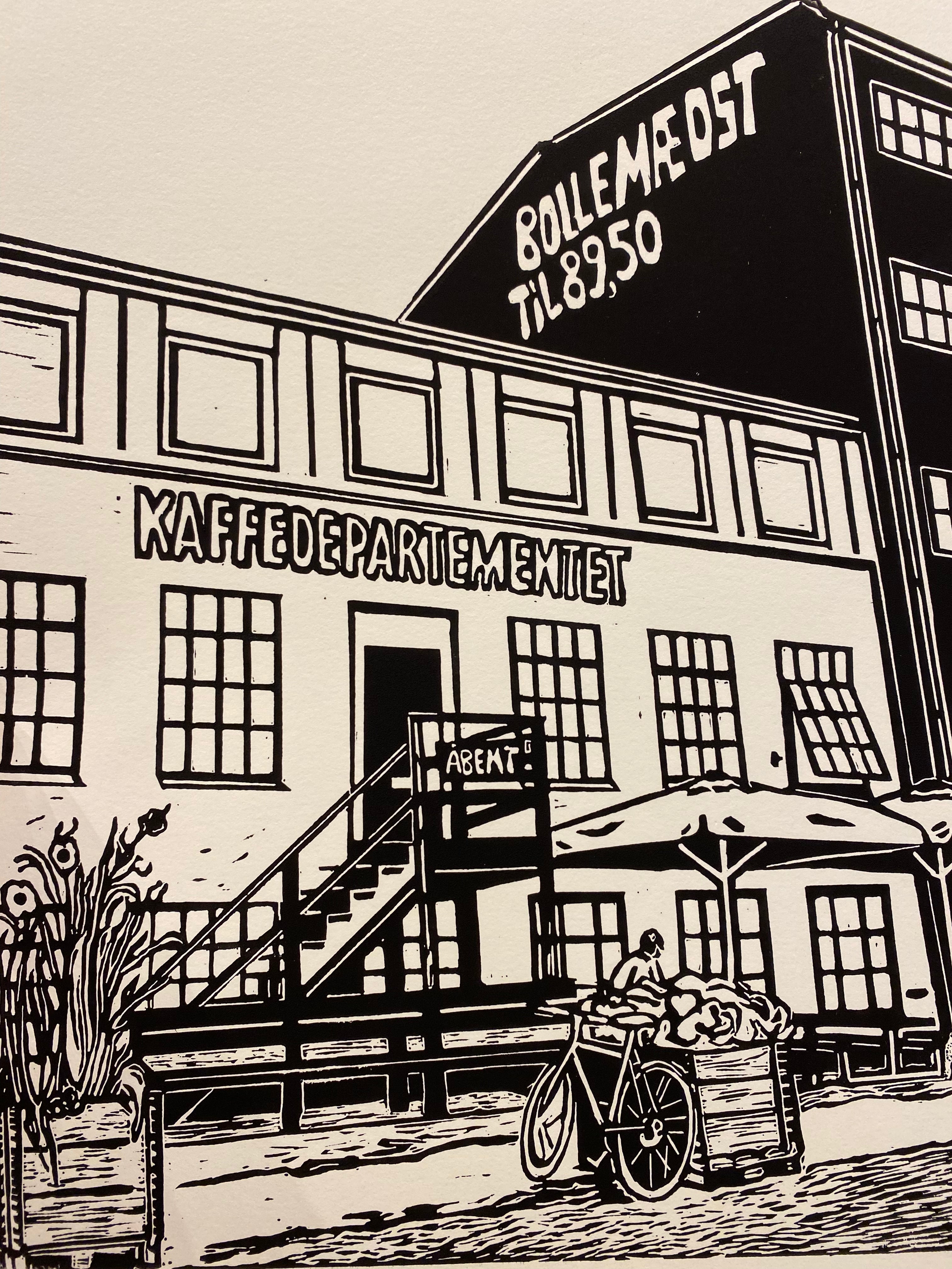 Kaffedepartementet linoleumstryk A4 sort