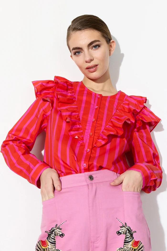 Lucinda Ruffle Shirt - Red striped