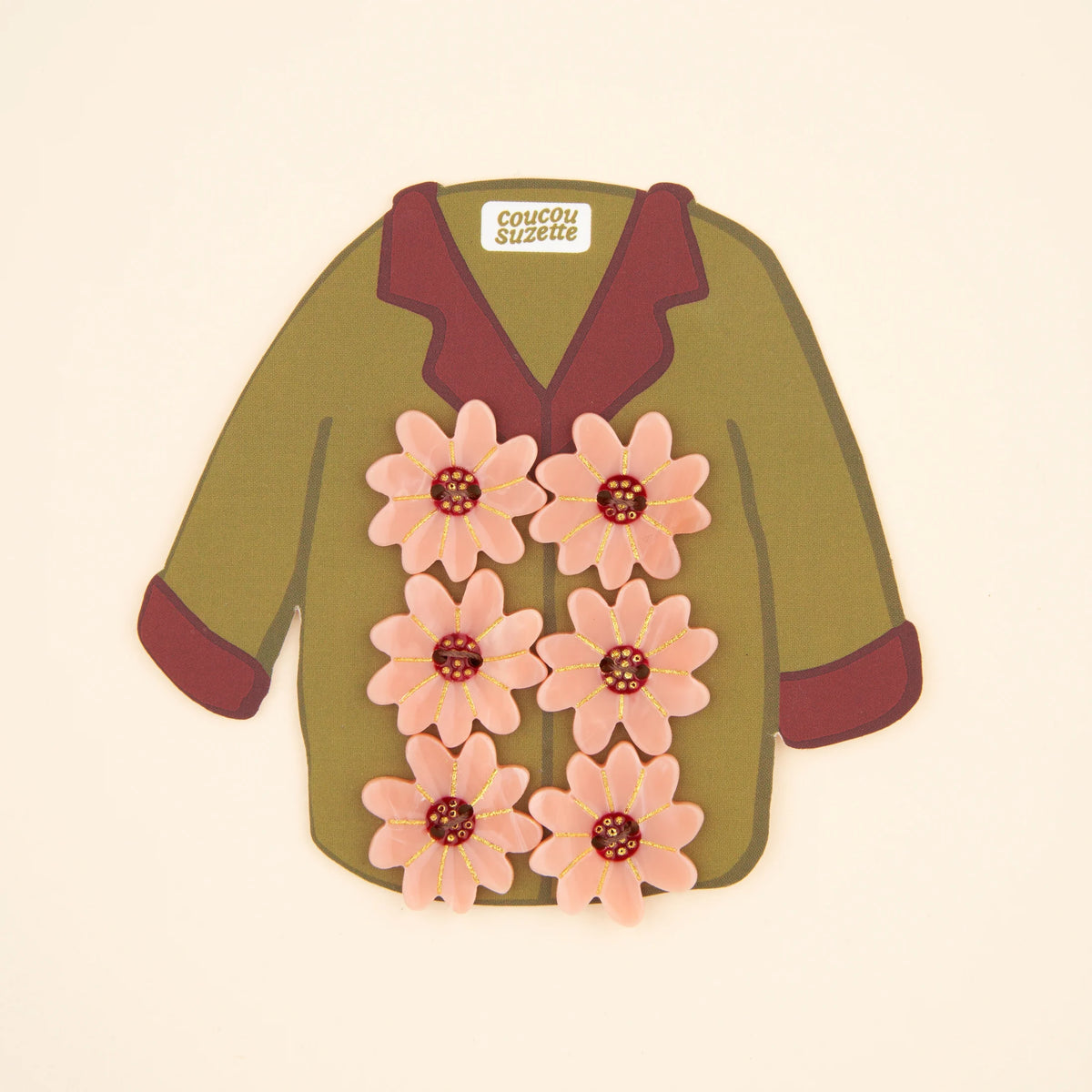 Lyserød blomst-knapper 6 stk.